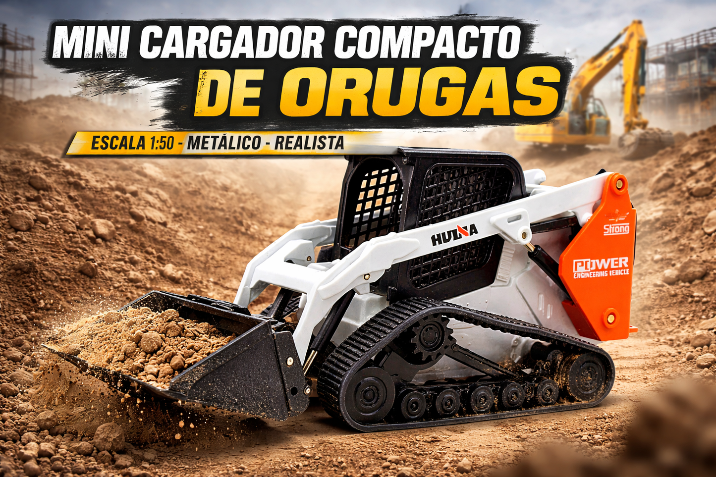 Mini Cargador Compacto de Orugas Huina 1:50 – Retroexcavadora de Juguete Metálica para Niños 8+ | Vehículo de Construcción Realista