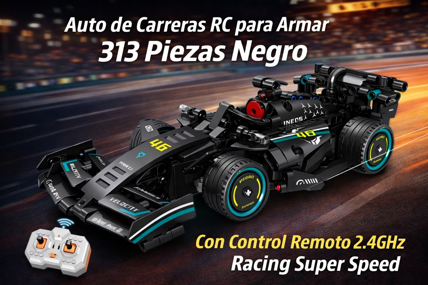 Auto de Carreras RC para Armar 313 Piezas Negro – Control Remoto 2.4GHz Racing Super Speed