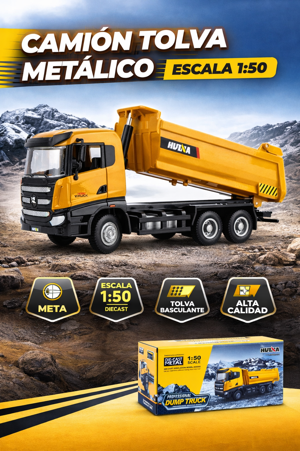Camión Tolva a Escala 1:50 de Metal – Juguete Tipo Dump Truck Profesional HUINA para Niños y Coleccionistas