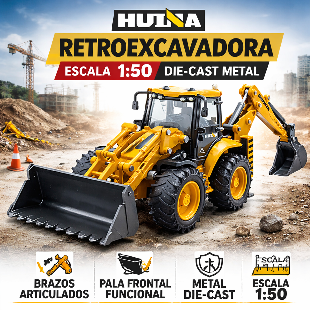 Retroexcavadora a Escala 1:50 Huina Die-Cast Metal – Maquinaria de Construcción Coleccionable.