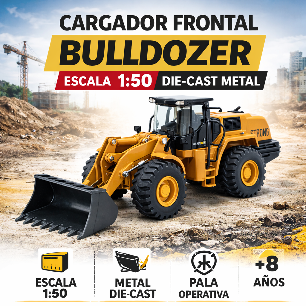 Cargador Frontal Bulldozer a Escala 1:50 Die-Cast Metal – Maquinaria de Construcción.