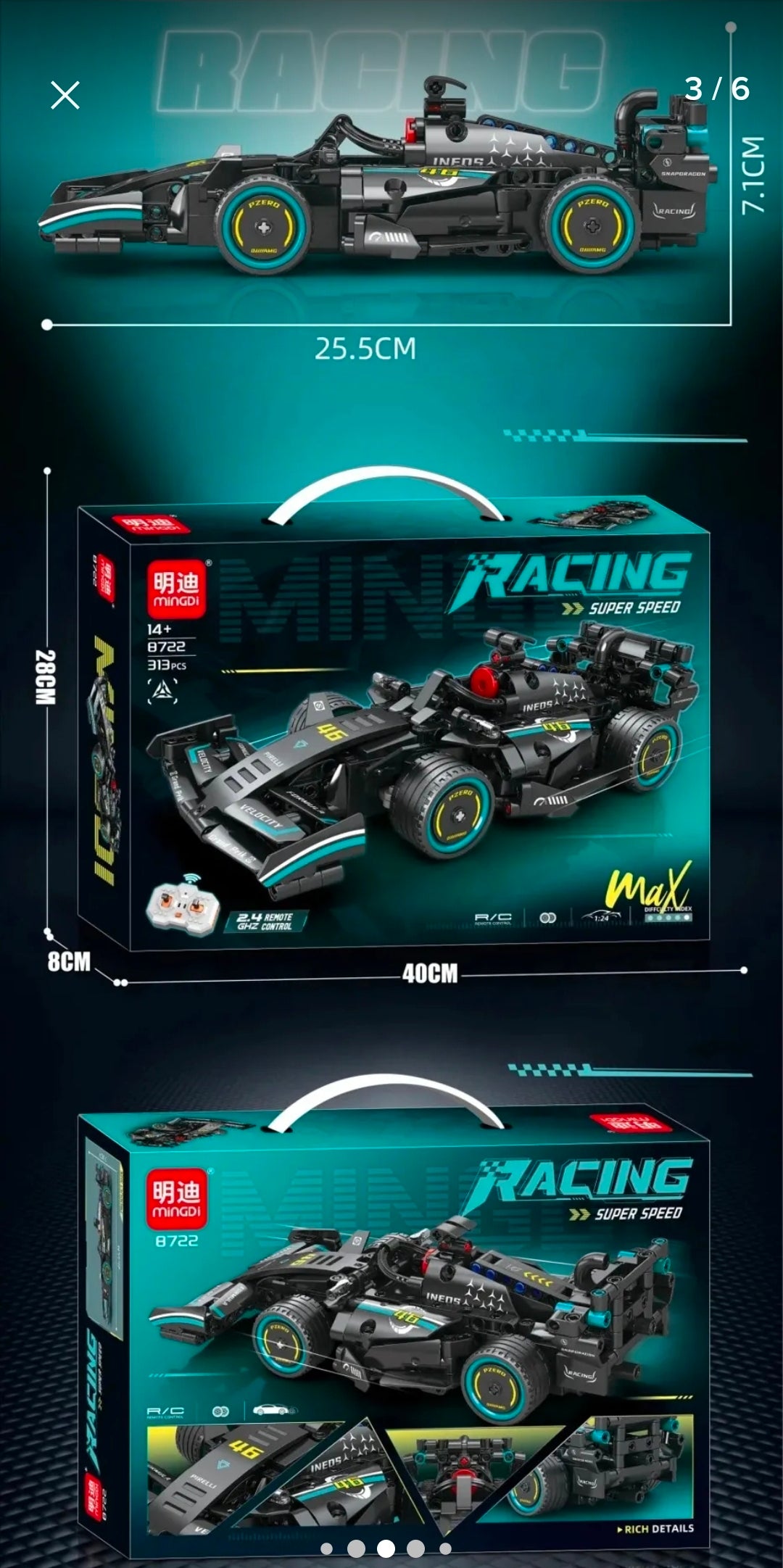 Auto de Carreras RC para Armar 313 Piezas Negro – Control Remoto 2.4GHz Racing Super Speed