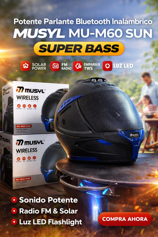 Parlante Bluetooth Inalámbrico Portátil MUSYL MU-M60 SUN Super Bass | Radio FM, TWS, Solar y Luz LED