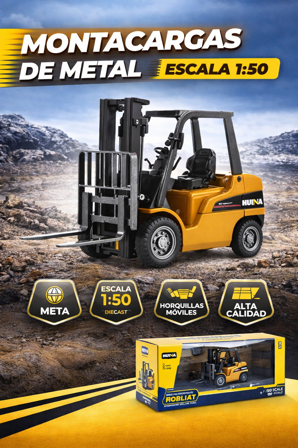 Montacargas de Juguete a Escala 1:50 de Metal HUINA – Forklift Die-Cast Realista para Niños y Coleccionistas