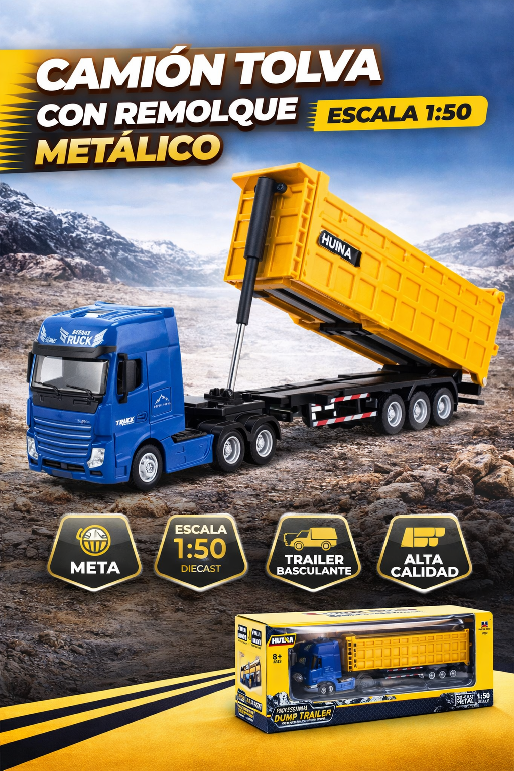Camión Tolva con Remolque a Escala 1:50 de Metal HUINA – Trailer Volcador Die-Cast para Niños y Coleccionistas